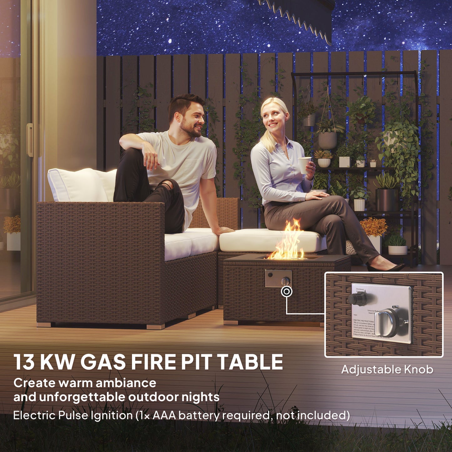 Five Piece Rattan Garden Furniture Set with Gas Fire Pit Table and Footstool - Brown and Cream White