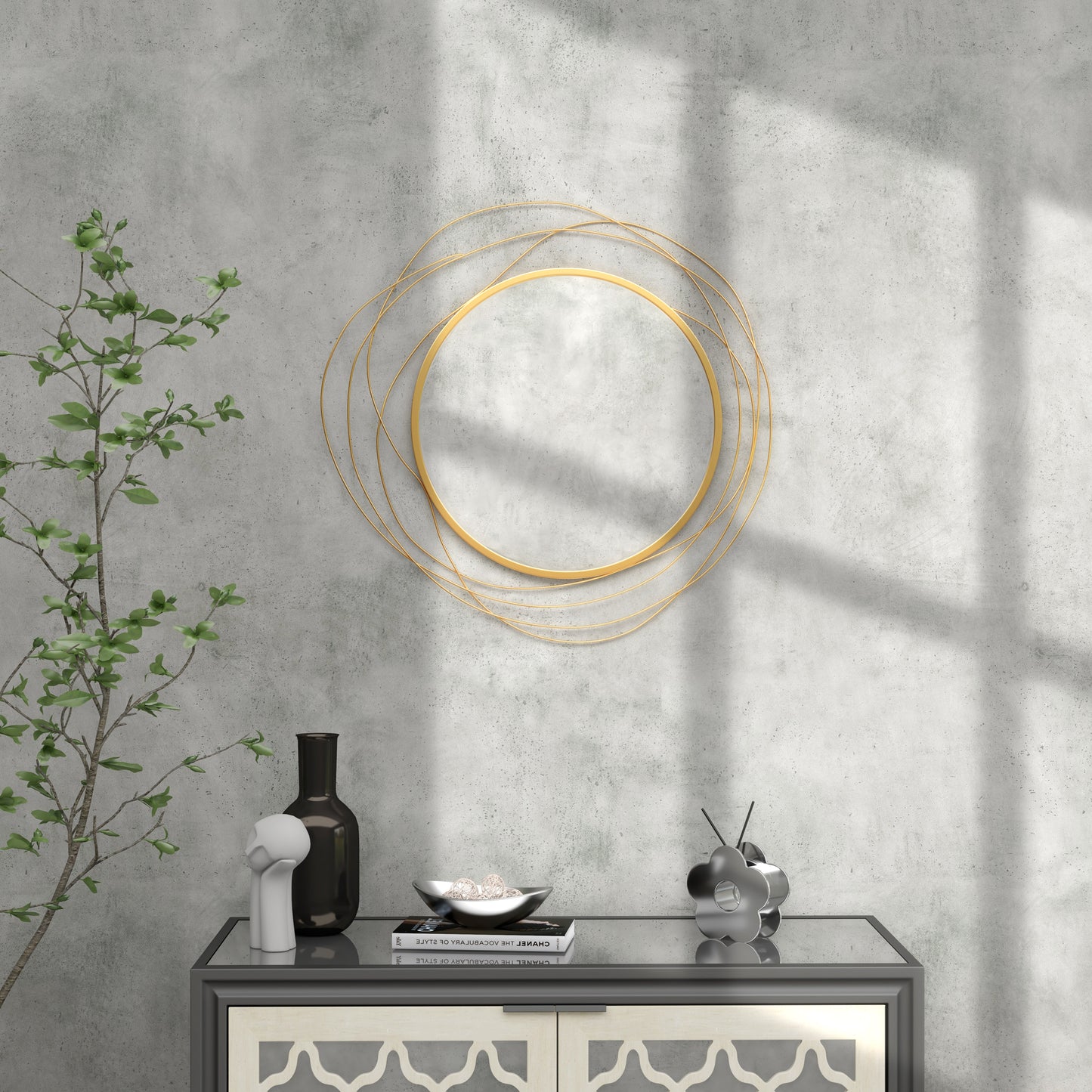 Metal Wall Art 65cm Modern Decorative Mirror Decor for Living Room Bedroom Dining Room, Gold Tone