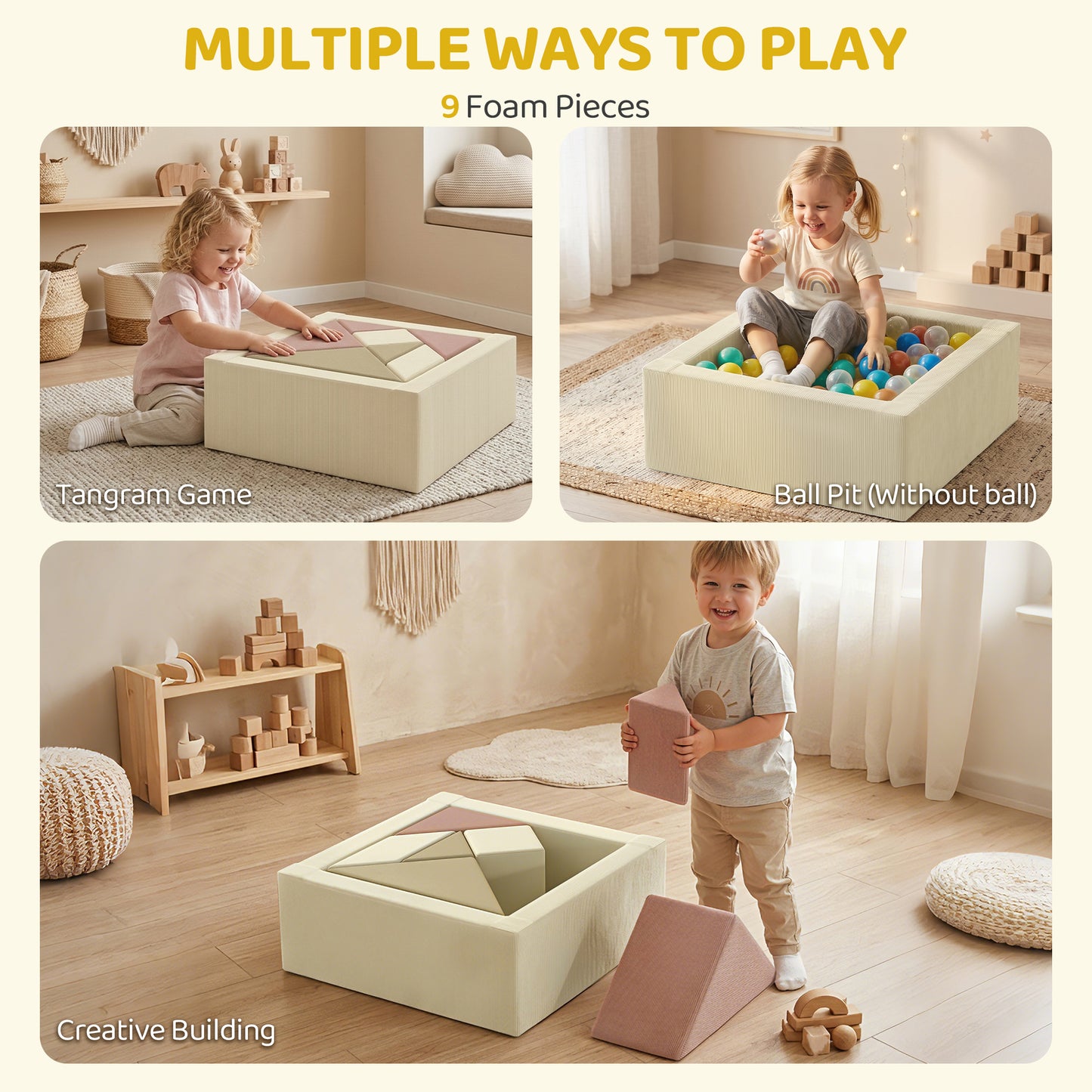 Soft Play 9 Piece Foam Climbing Blocks Soft Play Set with Tangram Play, Removable Cover for Kids Room, Ages 3-6 Years
