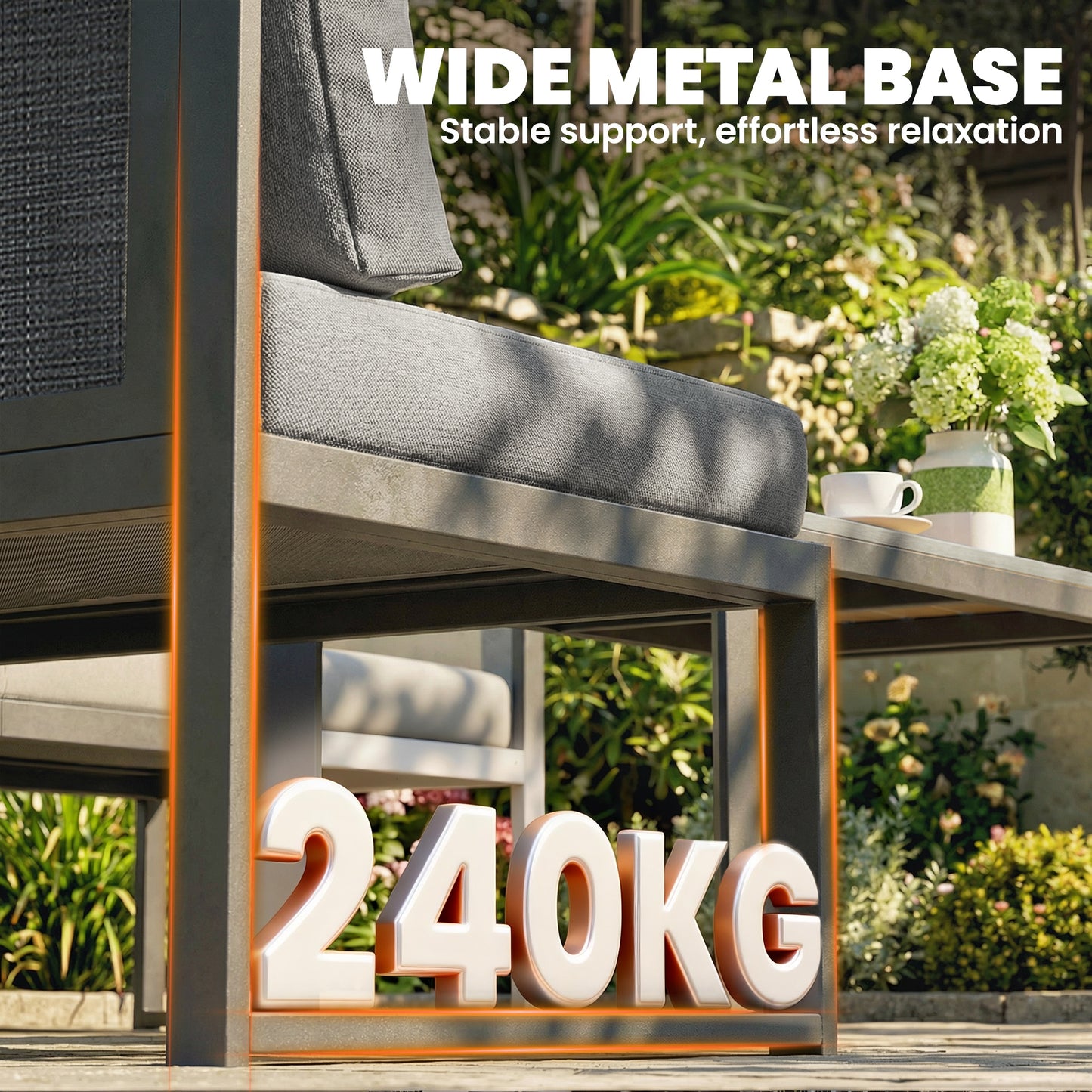 6 Seater Metal Garden Furniture Corner Sofa Set with 3 Loveseats, Faux Wood Table, Texteline Seat, Cushions, Dark Grey