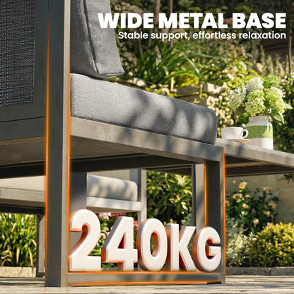 6 Seater Metal Garden Furniture Corner Sofa Set with 3 Loveseats, Faux Wood Table, Texteline Seat, Cushions, Dark Grey