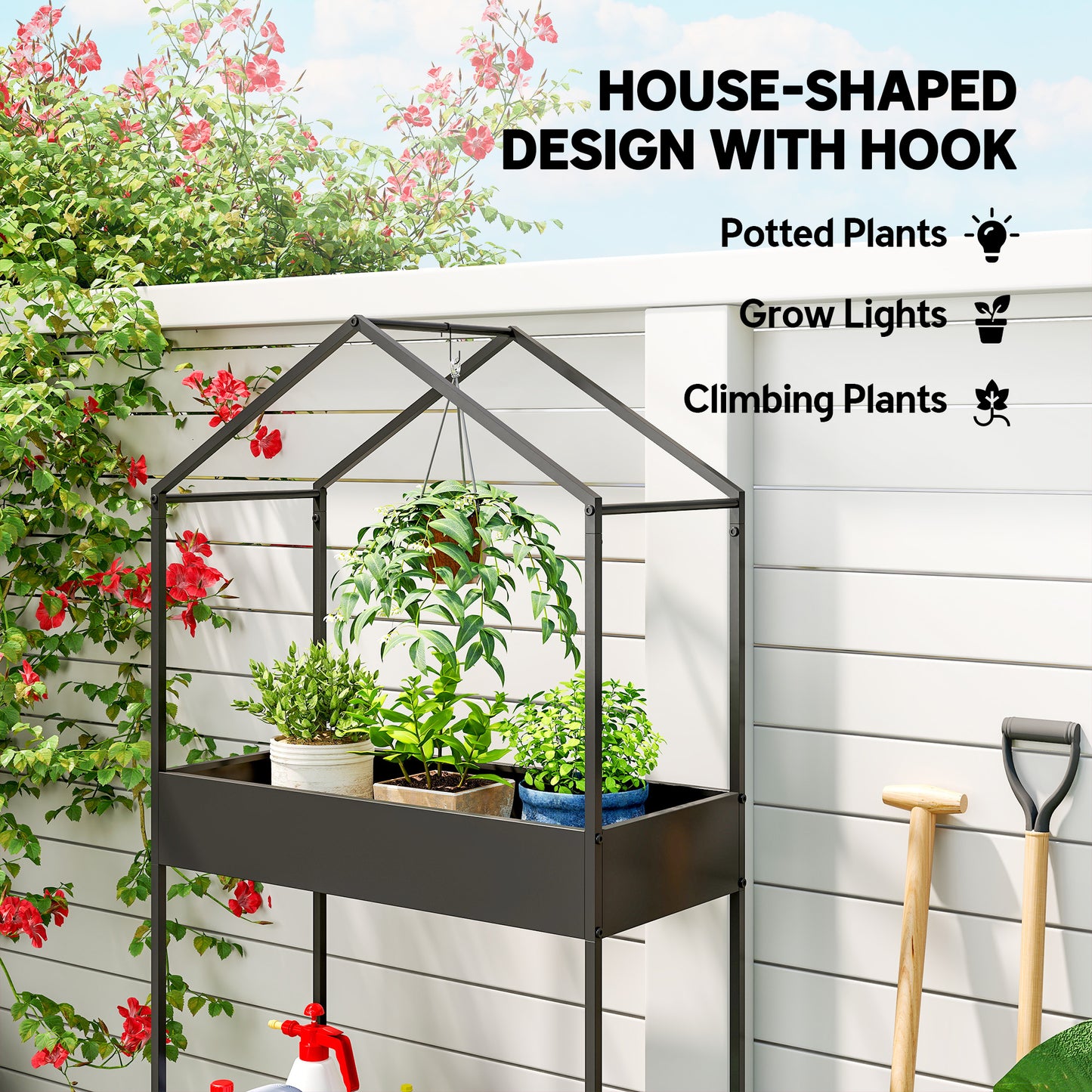 2 Tier Plant Stand, Outdoor Indoor Metal Plant Stand with Hook, House-Shaped Pots Holder Display Rack, Black