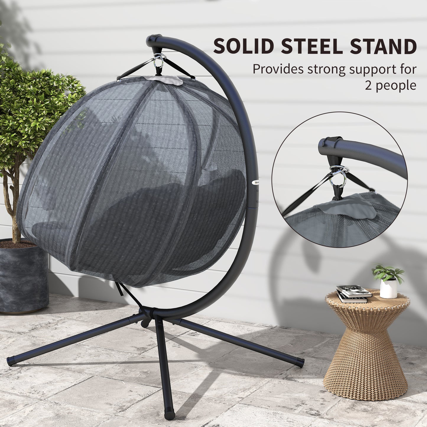 Double Hanging Egg Chair 2 Seaters Texteline Swing Hammock Chair with Folding Design, Grey