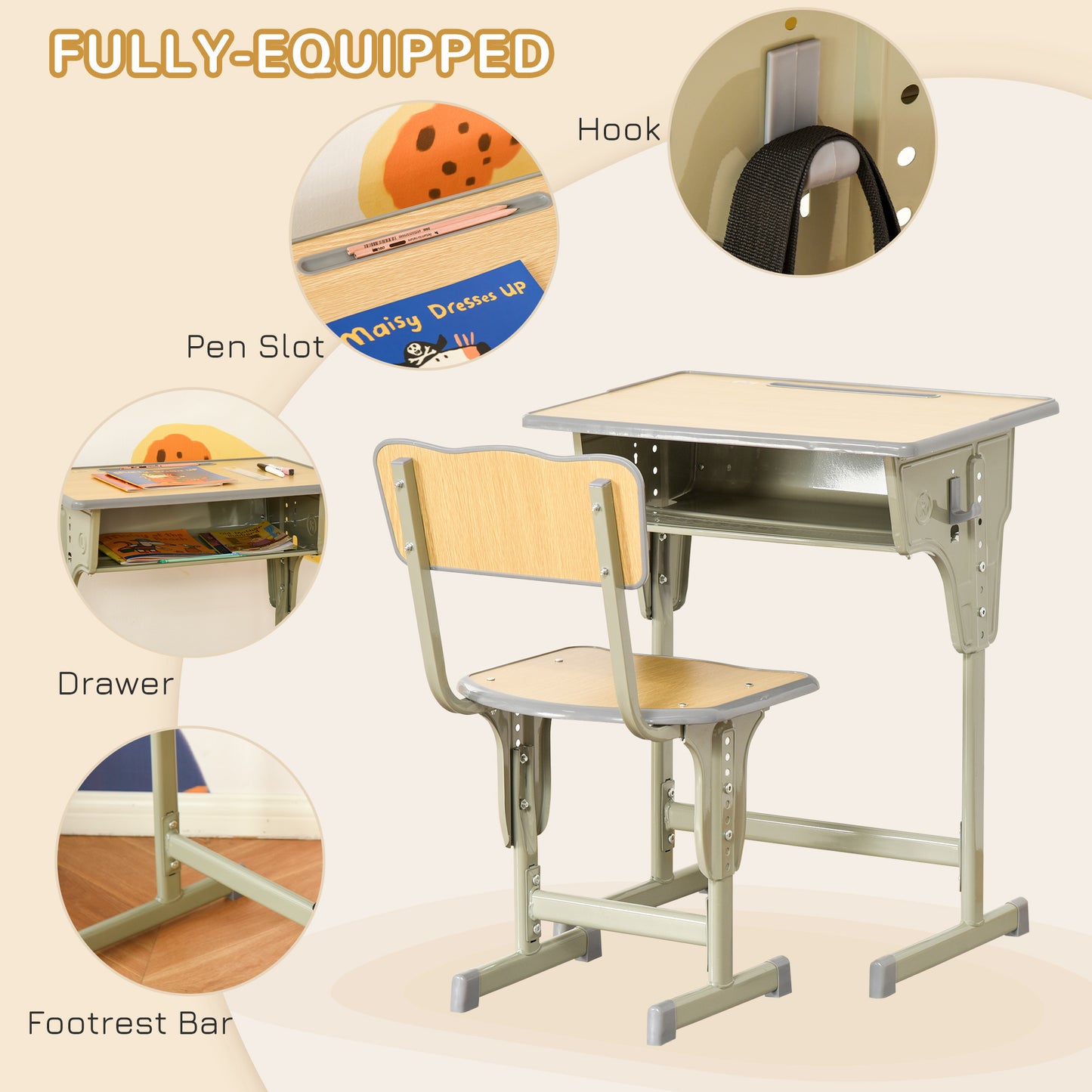 Height Adjustable Kids Desk and Chair Set with Storage Compartment, Bag Hook and Pen Holder, for 6-12 Years, Grey