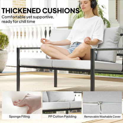 5 Piece Metal Garden Furniture Sofa Set with Thickened Cushions, Loveseat, 2 Armchairs, 2 Coffee Tables, Light Grey