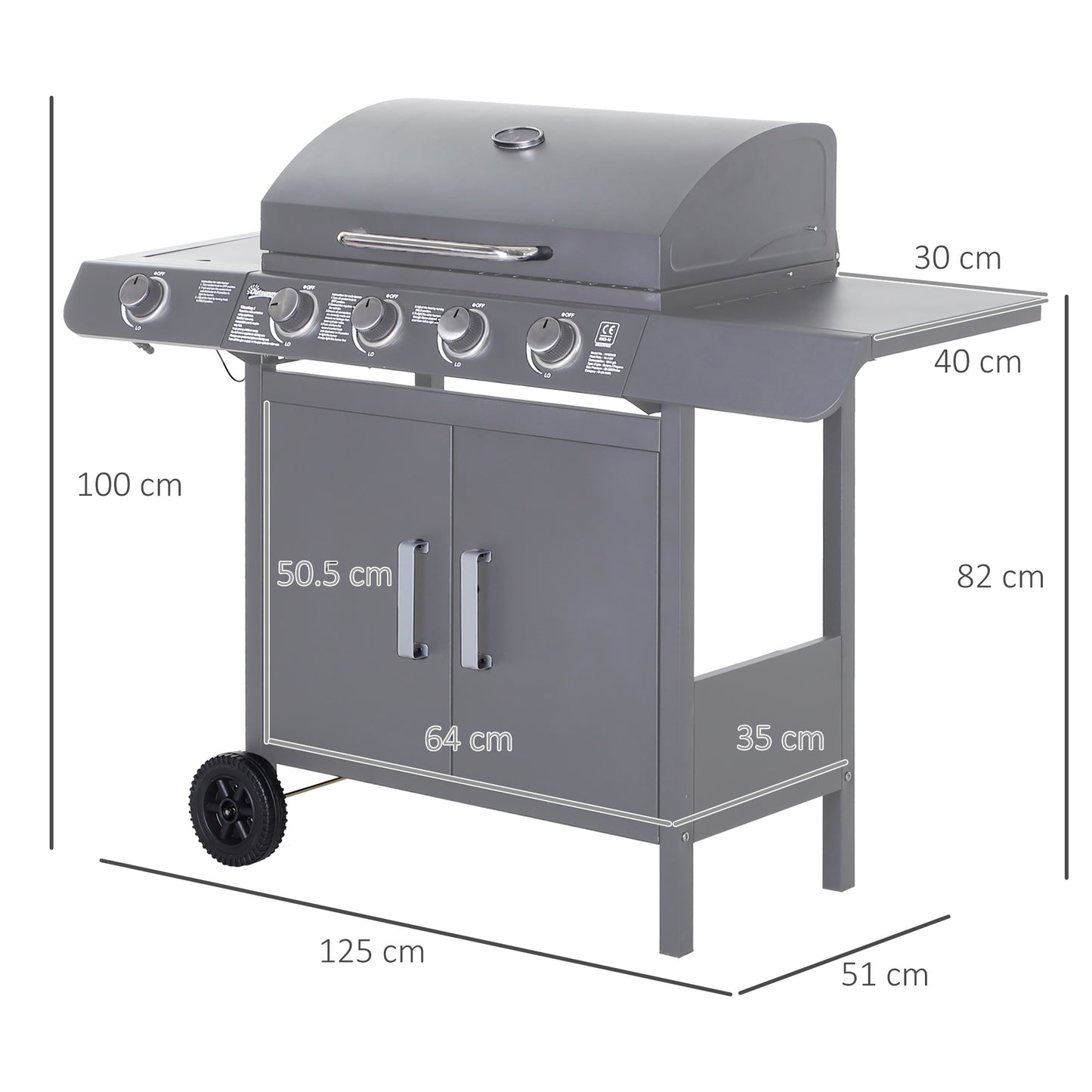 4+1 Burner Gas BBQ Grill, Outdoor Barbecue Trolley with Wheels, Warming Rack, Side Shelves, Cabinet, Thermometer for Garden