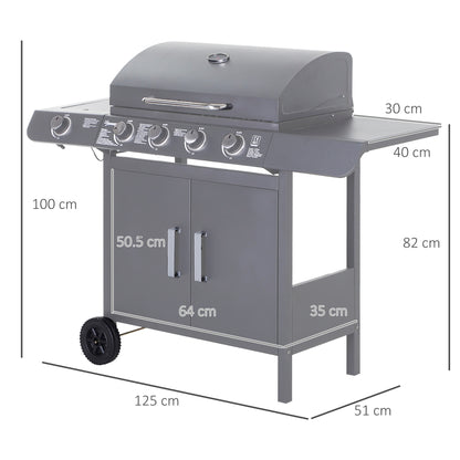 4+1 Burner Gas BBQ Grill, Outdoor Barbecue Trolley with Wheels, Warming Rack, Side Shelves, Cabinet, Thermometer for Garden