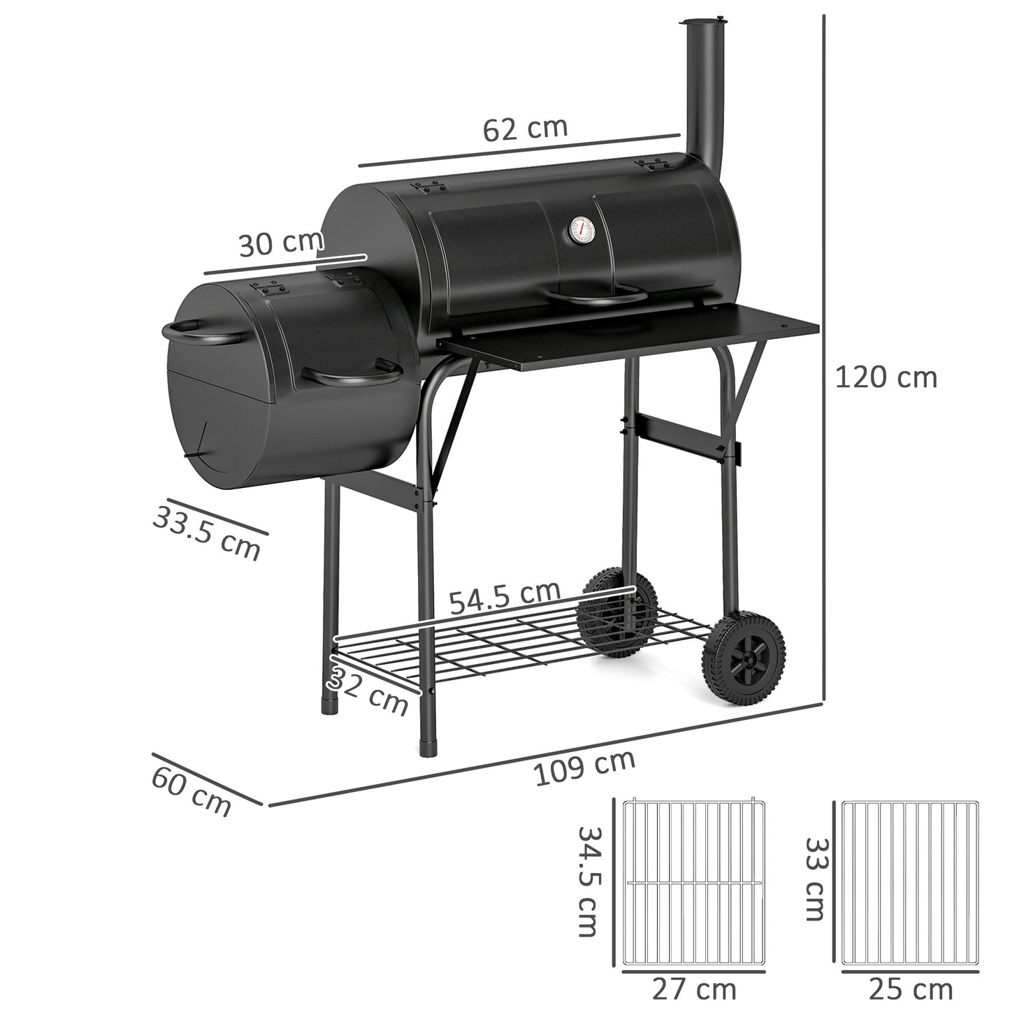 Barbecue Grill Portable Outdoor Charcoal BBQ Grill with Offset Smoker 109 x 60 x 120 cm Black