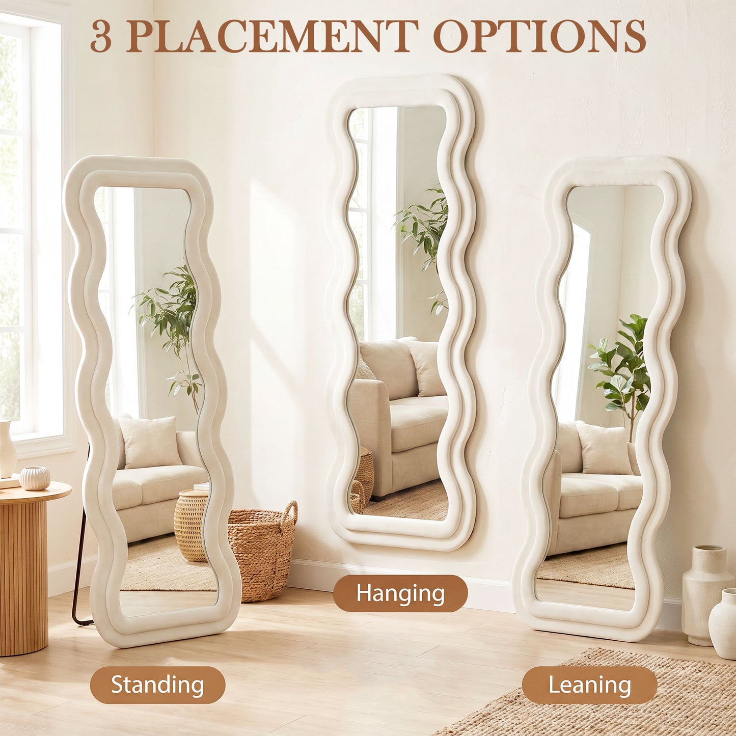 Full Length Mirror, 160 x 60 cm Wavy Full Body Wall Standing Mirror with Velvet Frame and Tempered Glass, Cream White