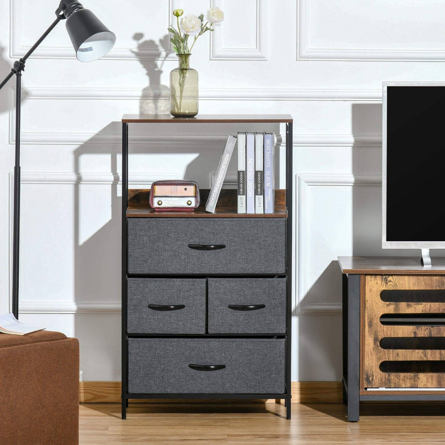 4 Drawer Storage Chest Unit Home Cabinet w/ Shelves for Living Room Bedroom Entryway Living Furniture, Black