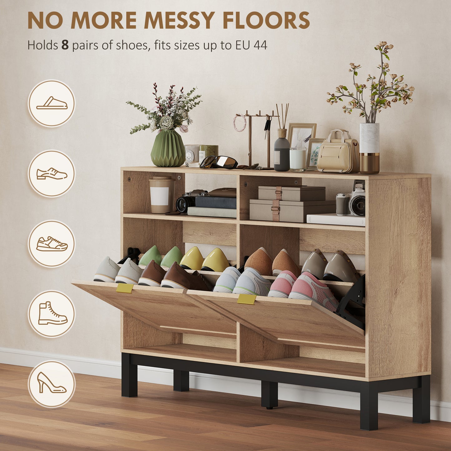 Shoe Cabinet with 2 Flip Drawers, Narrow Shoe Storage Top for Entryway Hallway, Walnut Brown