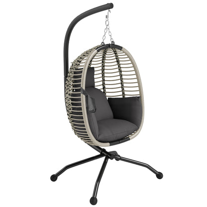 Outdoor Swing Chair with Thick Padded Cushion, Patio Hanging Egg Chair with Metal Stand, Foldable Basket, Cup Holder