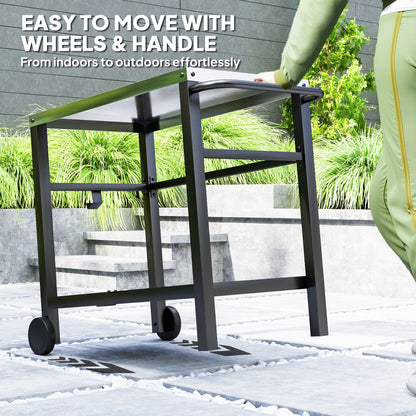 Outdoor Grill Dining Cart 2-Shelf Movable Pizza Oven Table Stand with Stainless Steel Top