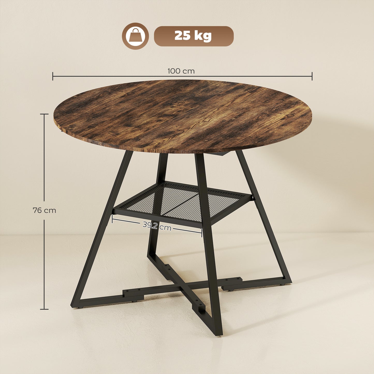 Dining Table for 4 People, 100 cm Round Industrial Kitchen Table with Storage Shelf, Rustic Brown