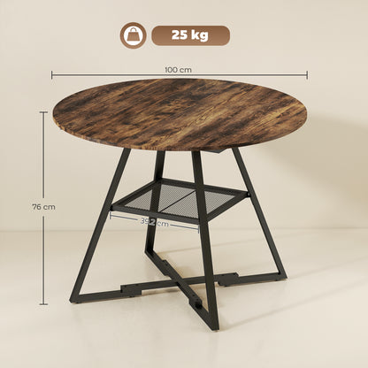 Dining Table for 4 People, 100 cm Round Industrial Kitchen Table with Storage Shelf, Rustic Brown