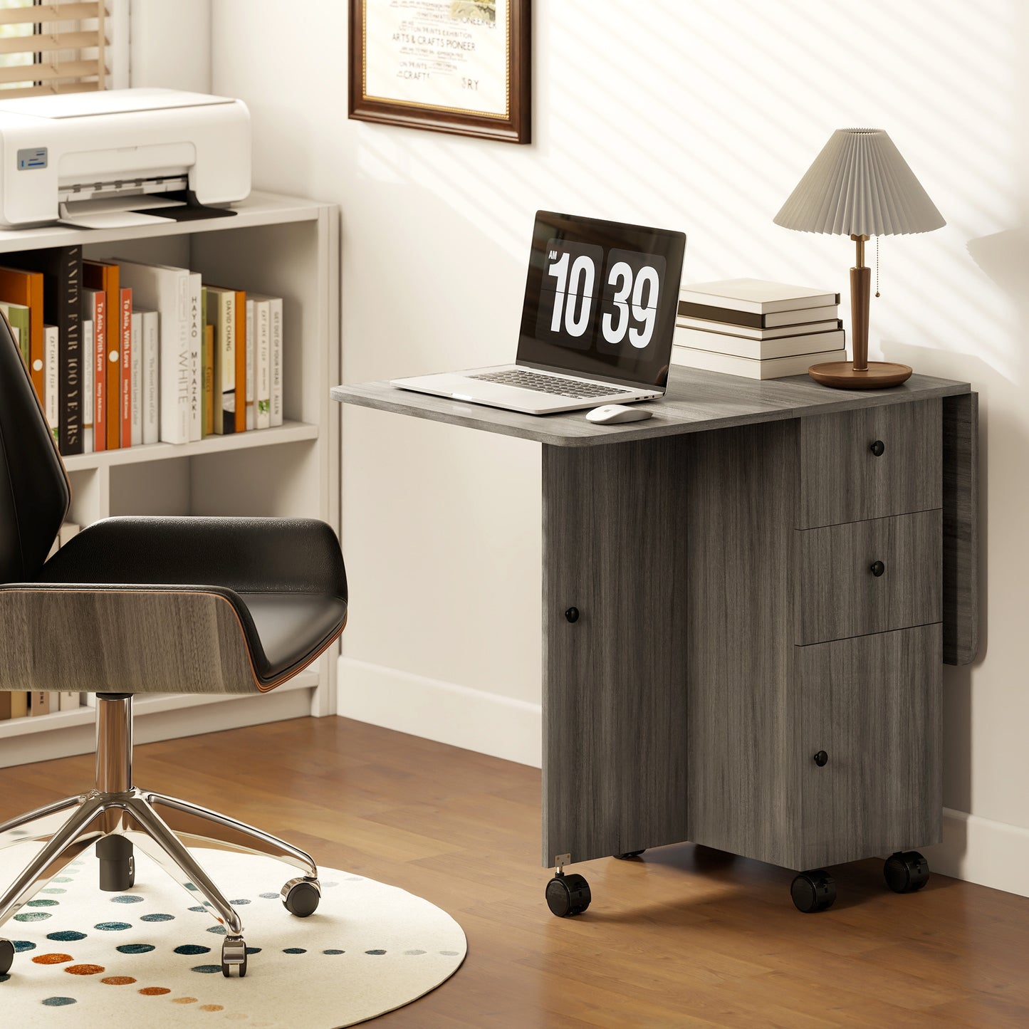 Multi-Storage Six-Person Drop Leaf Dining Table - Grey