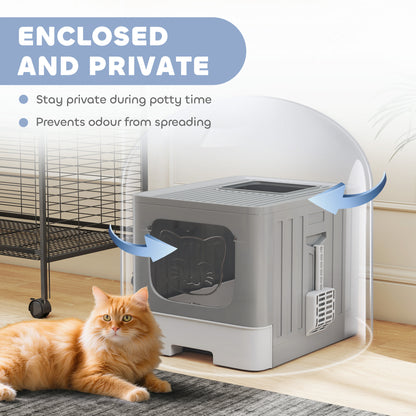 Cat Litter Box with Lid, Slide-Out Drawer, Scoop, Easy Clean, Odour Control, Anti-Splashing, Grey