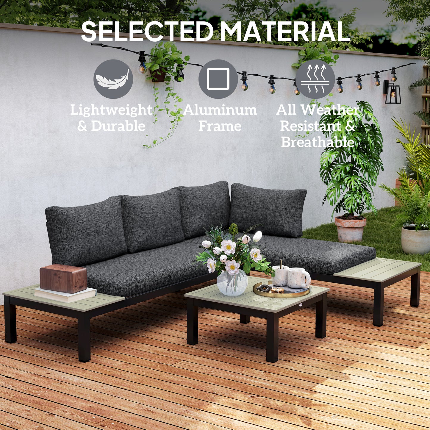 3 Pieces Garden Furniture Set, Aluminium 4 Seater Corner Sofa Set with 2 Loveseats, Coffee Table and Side Trays