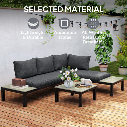 3 Pieces Garden Furniture Set, Aluminium 4 Seater Corner Sofa Set with 2 Loveseats, Coffee Table and Side Trays