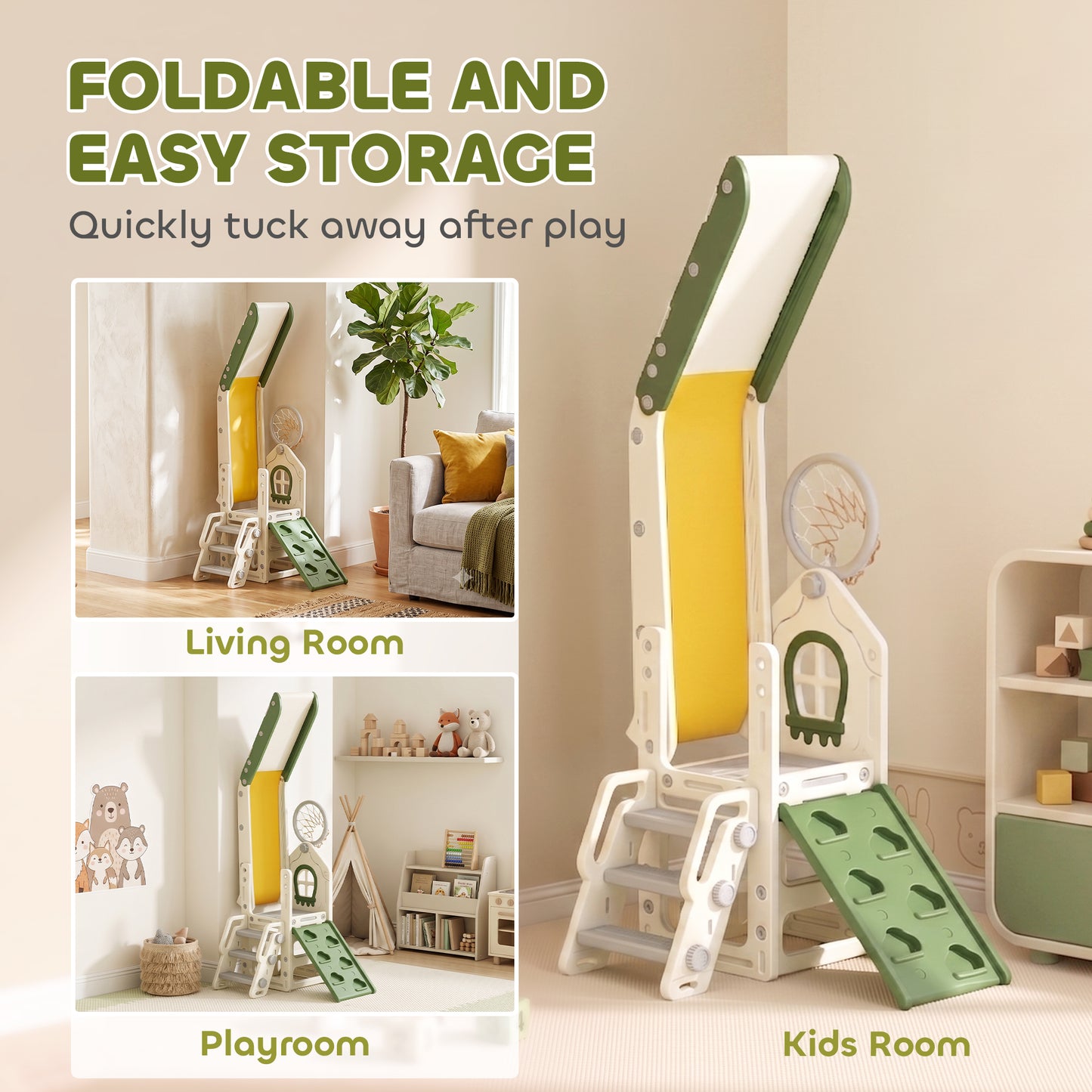 Foldable 5 in 1 Toddler Slide with Ladder, Climbing Wall, Basketball Hoop, Storage and Basketball for 1-3 Years, Cream