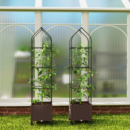 Raised Garden Bed with Trellis, Tomato Cage with Lockable Wheels, Self Watering Planter Box with Drainage Holes, Brown