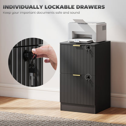 Filing Cabinet, Fluted Vertical File Cabinet with 2 Lockable Drawers and Hanging Rails, Black