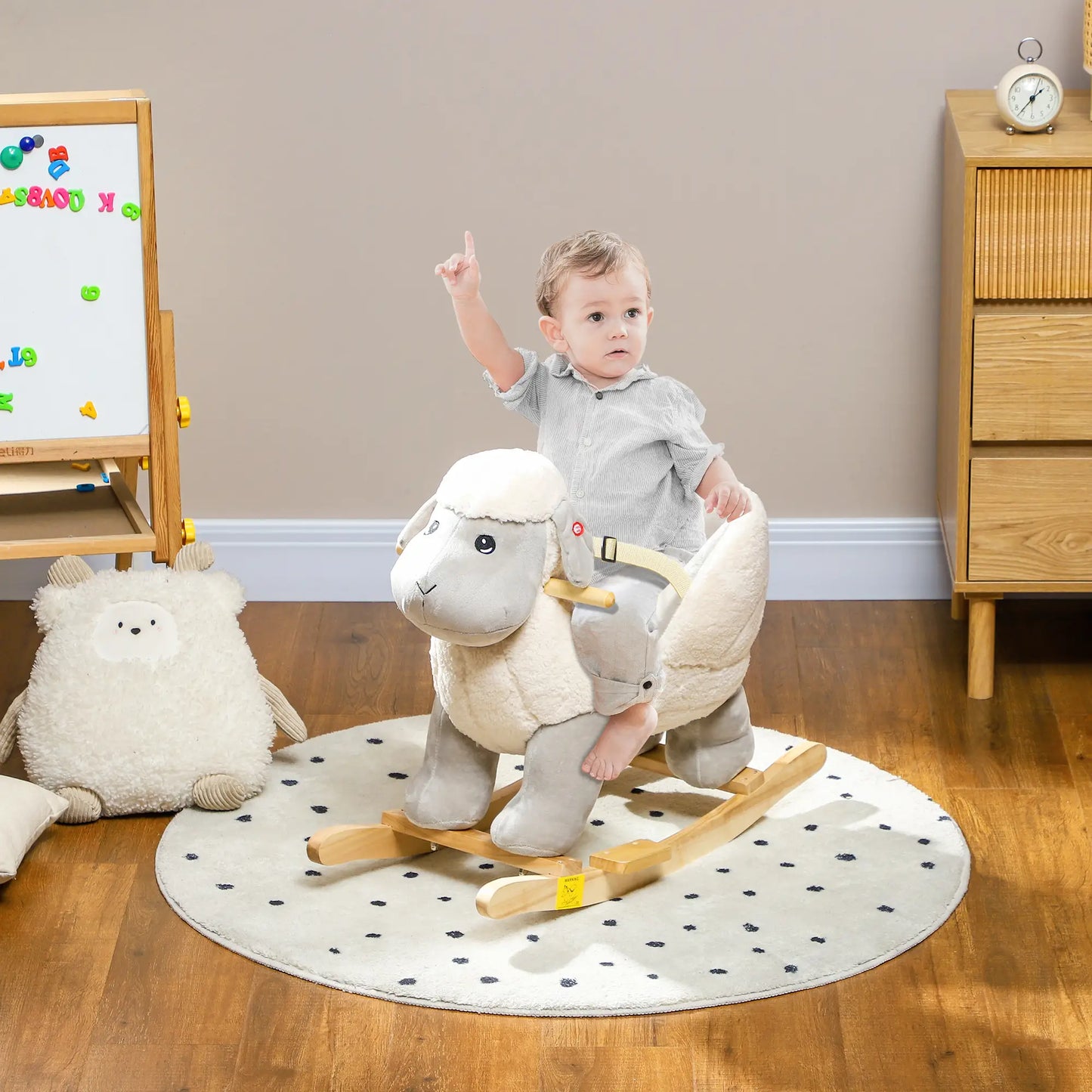 Ride on Lamb - Rocking Horse with Safety Belt and Wooden Base