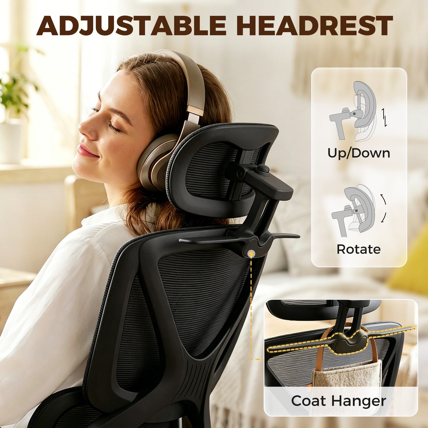 Mesh Desk Chair with 3D Armrests, Ergonomic Office Chair with Rotatable Headrest, Black