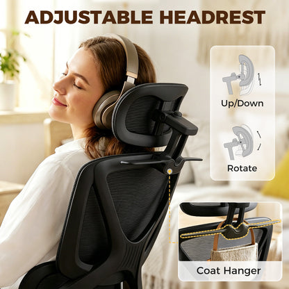 Mesh Desk Chair with 3D Armrests, Ergonomic Office Chair with Rotatable Headrest, Black
