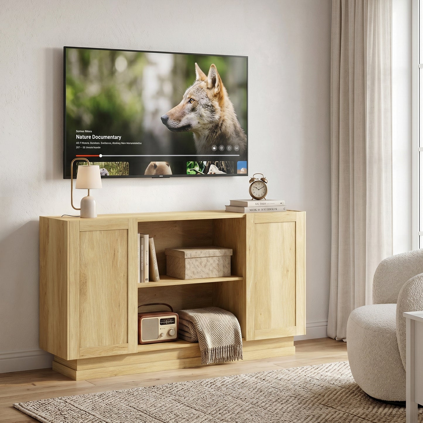 Sideboard Buffet Cabinet, 133 cm Storage Cabinet with 2 Open Shelves, 2 Cupboards and Soft Close Doors, Natural