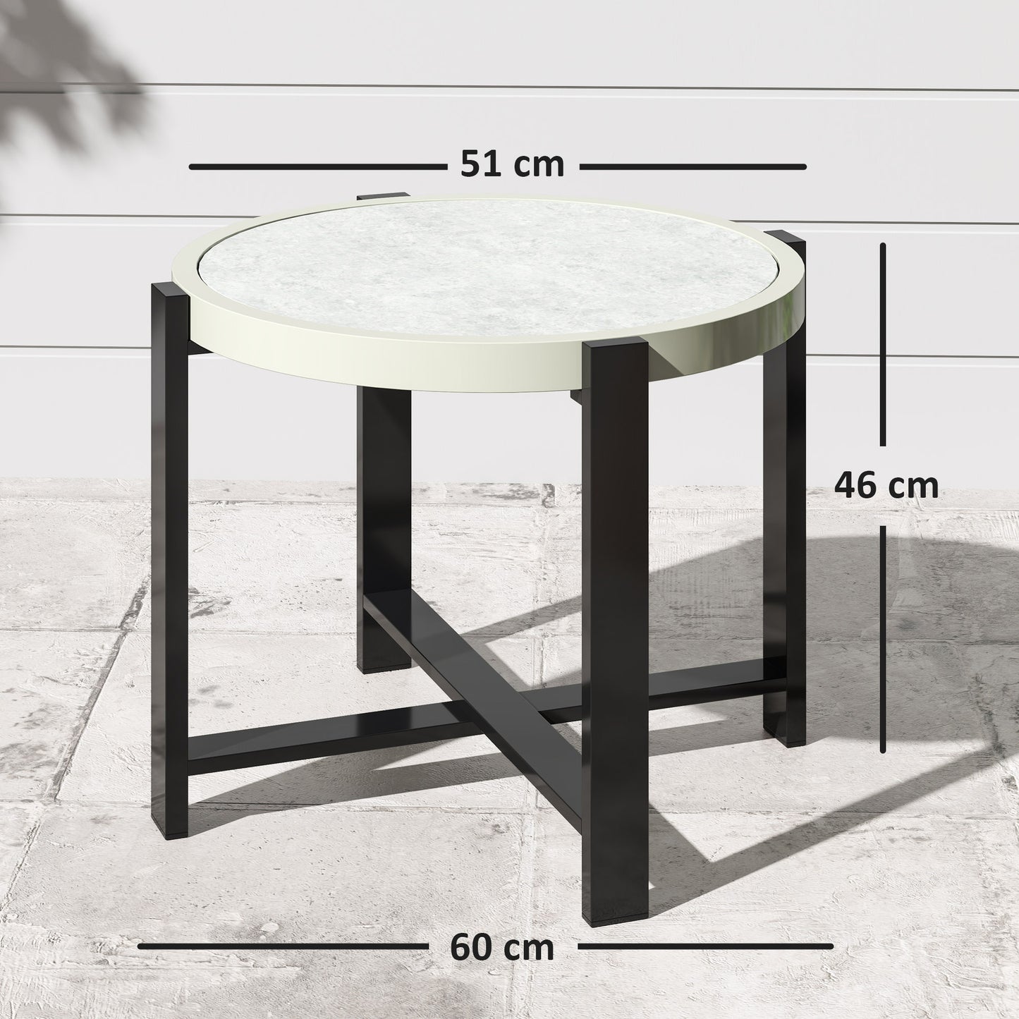 Round Small Garden Table, 60cm Outdoor Side Table with Faux Marble Tempered Glass Top, Aluminium Frame for Garden, Patio
