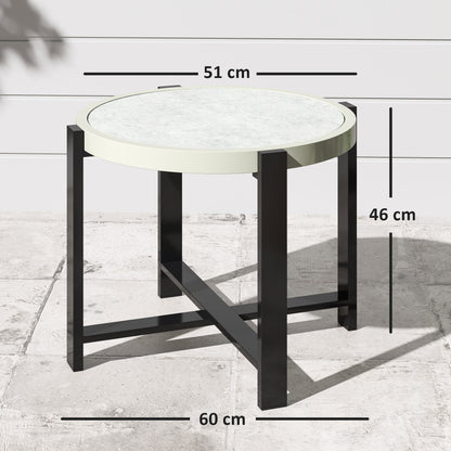 Round Small Garden Table, 60cm Outdoor Side Table with Faux Marble Tempered Glass Top, Aluminium Frame for Garden, Patio
