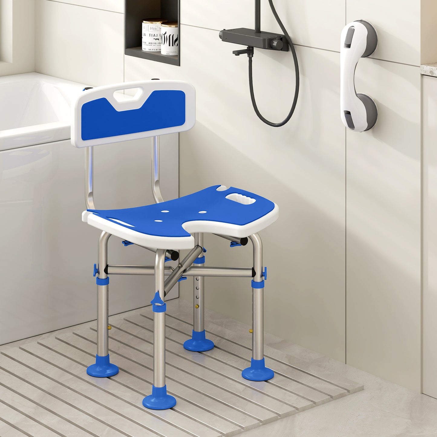 Shower Chair with U-Shaped Cutout, Height Adjustable Bath Bench, Padded Shower Stool for Elderly, Senior, Disabled, Blue