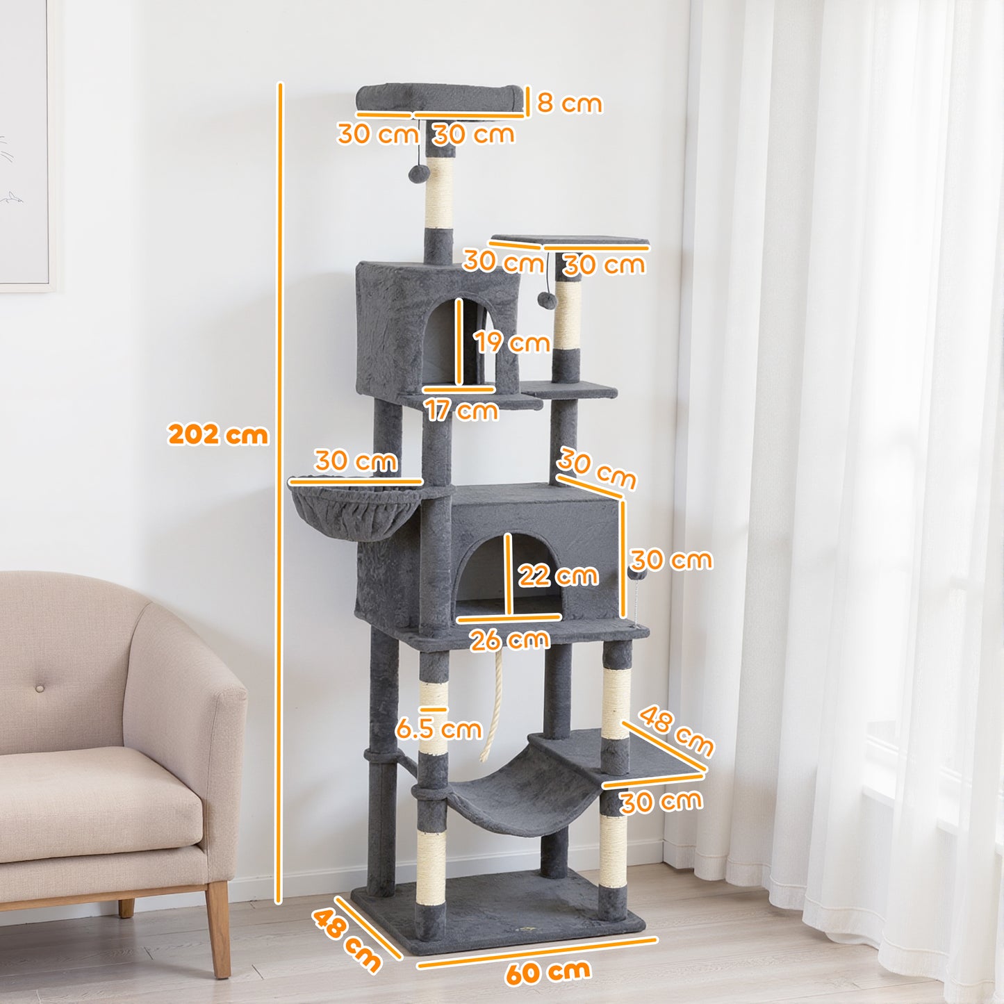 202cm Large Cat Tree with 6 Scratching Posts, 2 Hammocks, 2 Condos, 2 Perches, Pompoms, for Indoor Cats to Rest and Play