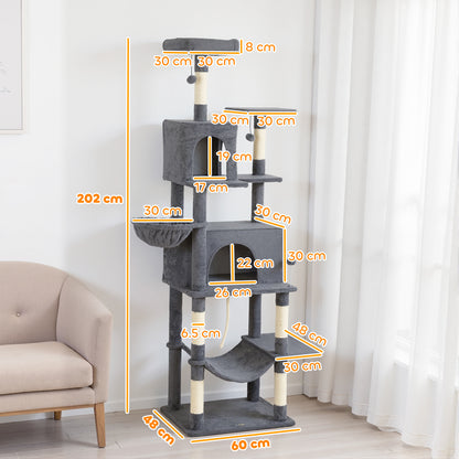 202cm Large Cat Tree with 6 Scratching Posts, 2 Hammocks, 2 Condos, 2 Perches, Pompoms, for Indoor Cats to Rest and Play