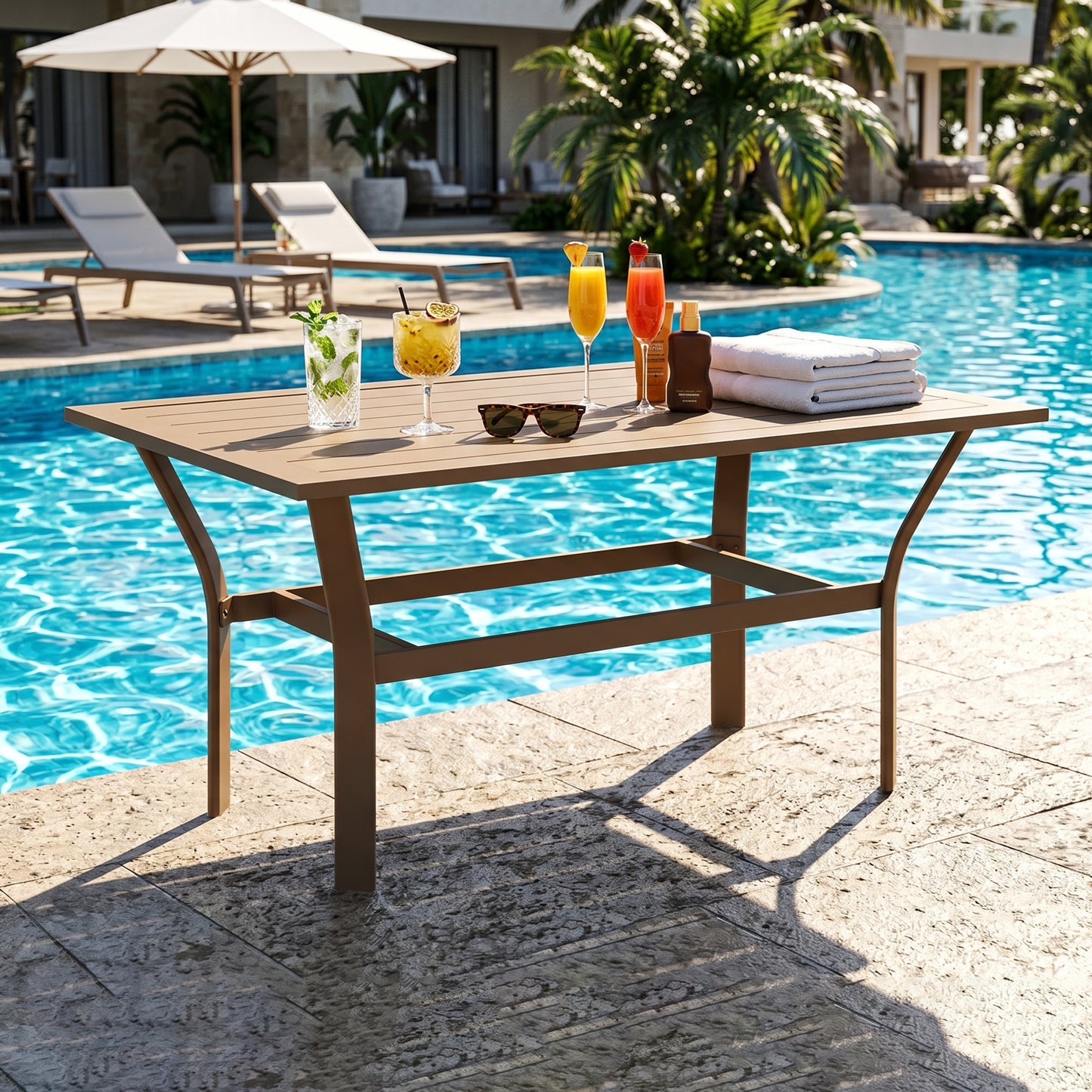 Metal Garden Coffee Table, Rectangular Outdoor Side Table with Slatted Tabletop, Foot Pads for Outside, Garden, Balcony