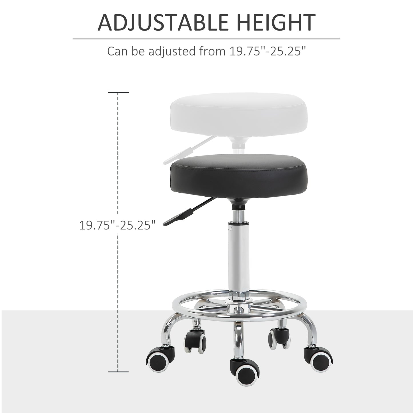 Round Rolling Stool, PU Leather Height Adjustable Stool Chair with Wheels and Swivel Seat for Salon, Massage, Spa