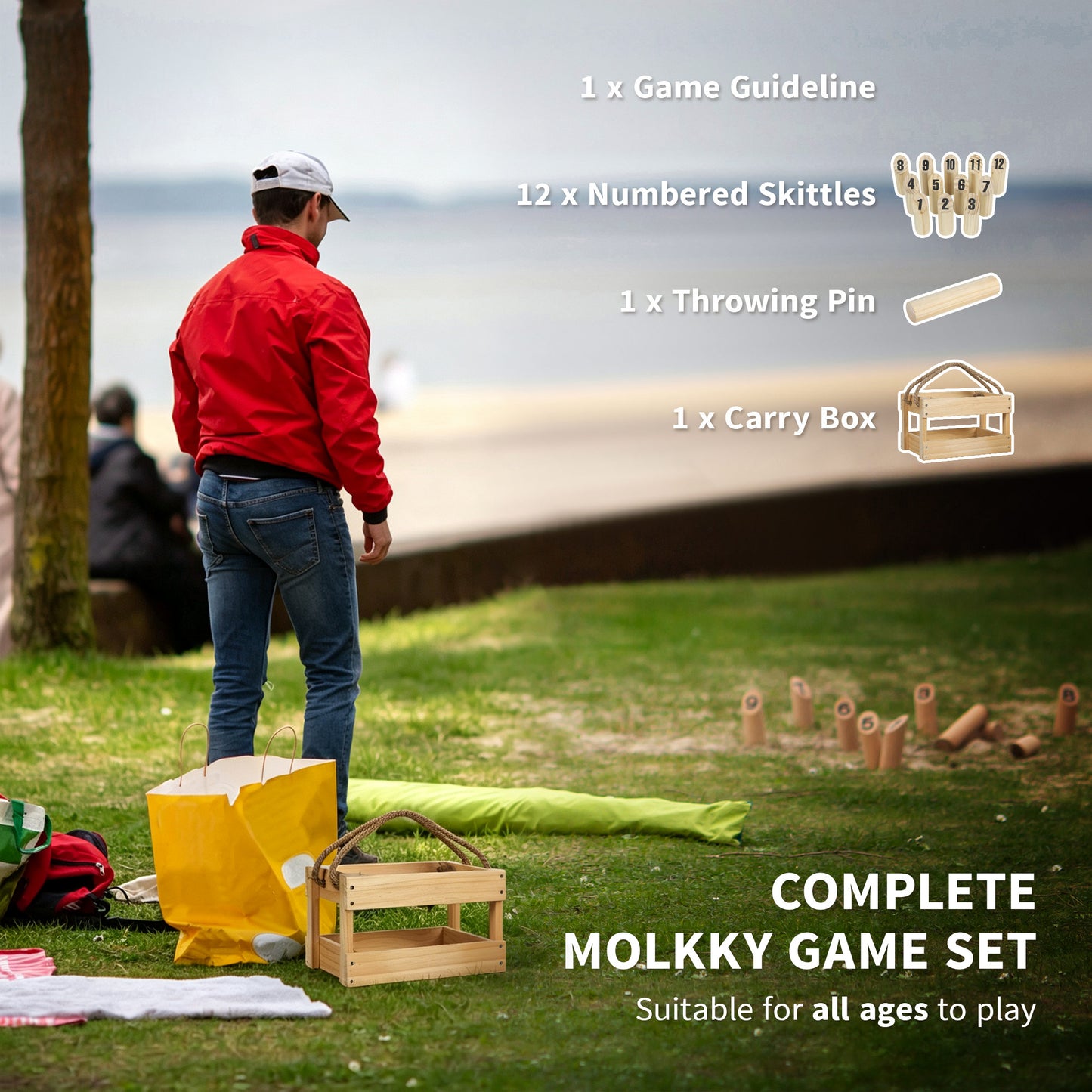 Wooden Scatter Game Set, Numbered Skittles Throwing Game with 12 Skittles, 1 Throwing Pin and Carrying Box