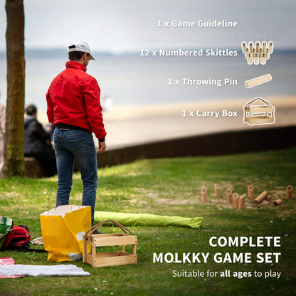 Wooden Scatter Game Set, Numbered Skittles Throwing Game with 12 Skittles, 1 Throwing Pin and Carrying Box