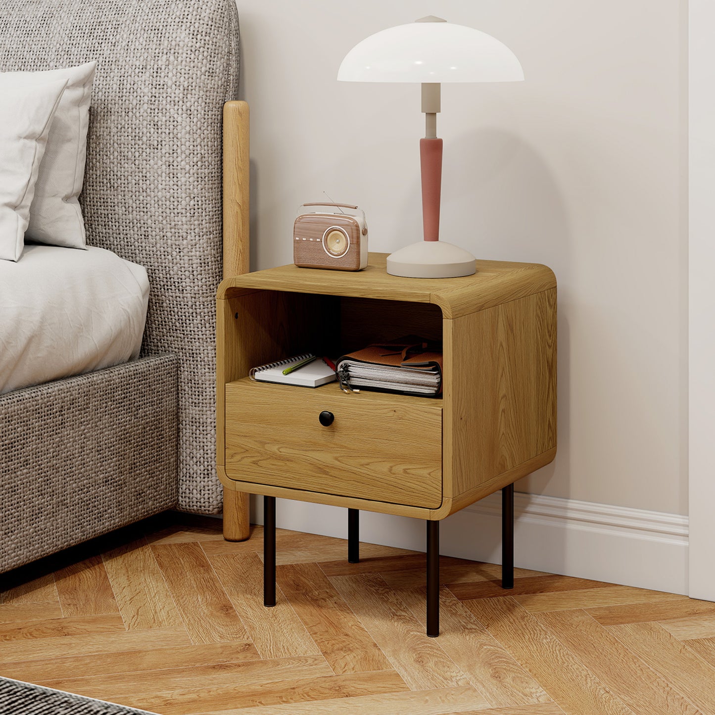 Bedside Table with Drawer and Open Shelf - Oak