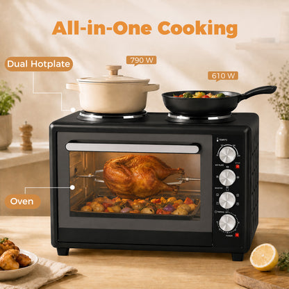 36L Mini Oven with Dual Hot Plates, Electric Countertop Cooker with Convection, 90–230°C Adjustable Temperature