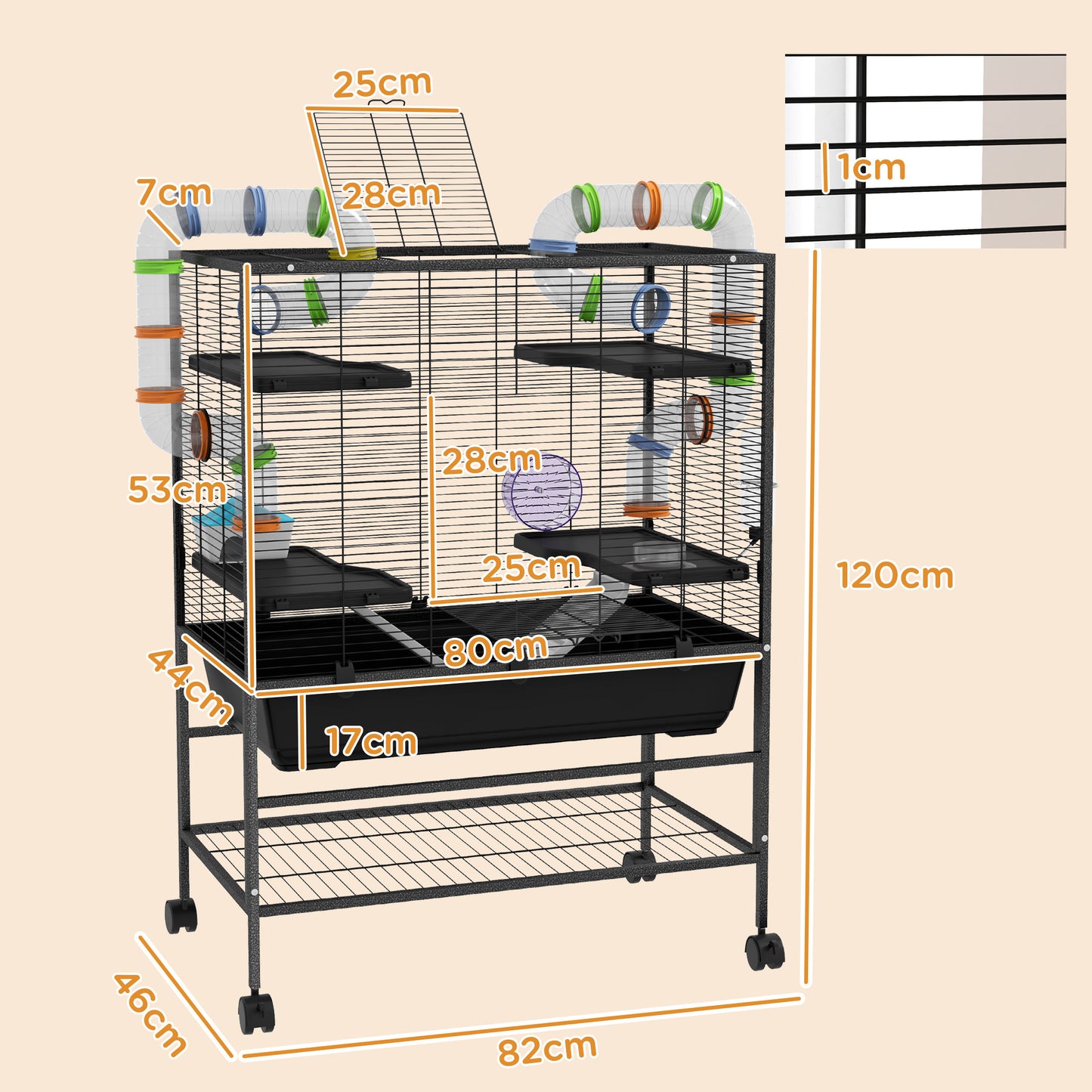 Large Hamster Cage, Gerbil Cage with Tubes, Storage Shelf, Ramps, Platforms, Running Wheel - Black