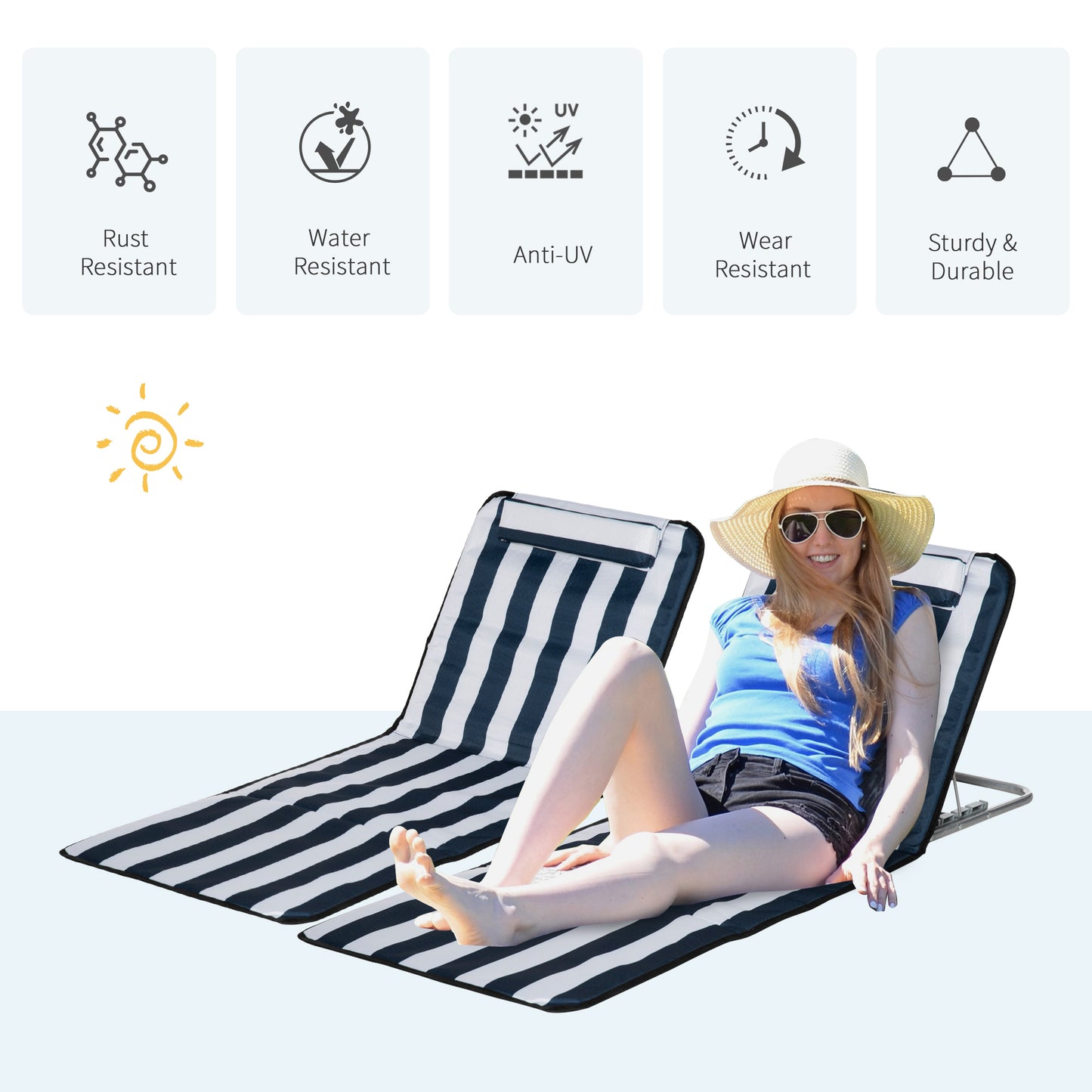 Set of 2 Foldable Garden Beach Chair Mat Lightweight Outdoor Sun Lounger Seats Adjustable Back Metal Frame PE Fabric Head Pil