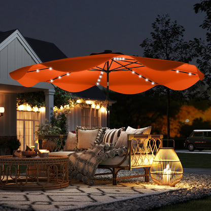 Solar Patio Umbrella with LED and Tilt, Outdoor Market Table Umbrella Parasol with Crank, 3 x 3 (m), Orange