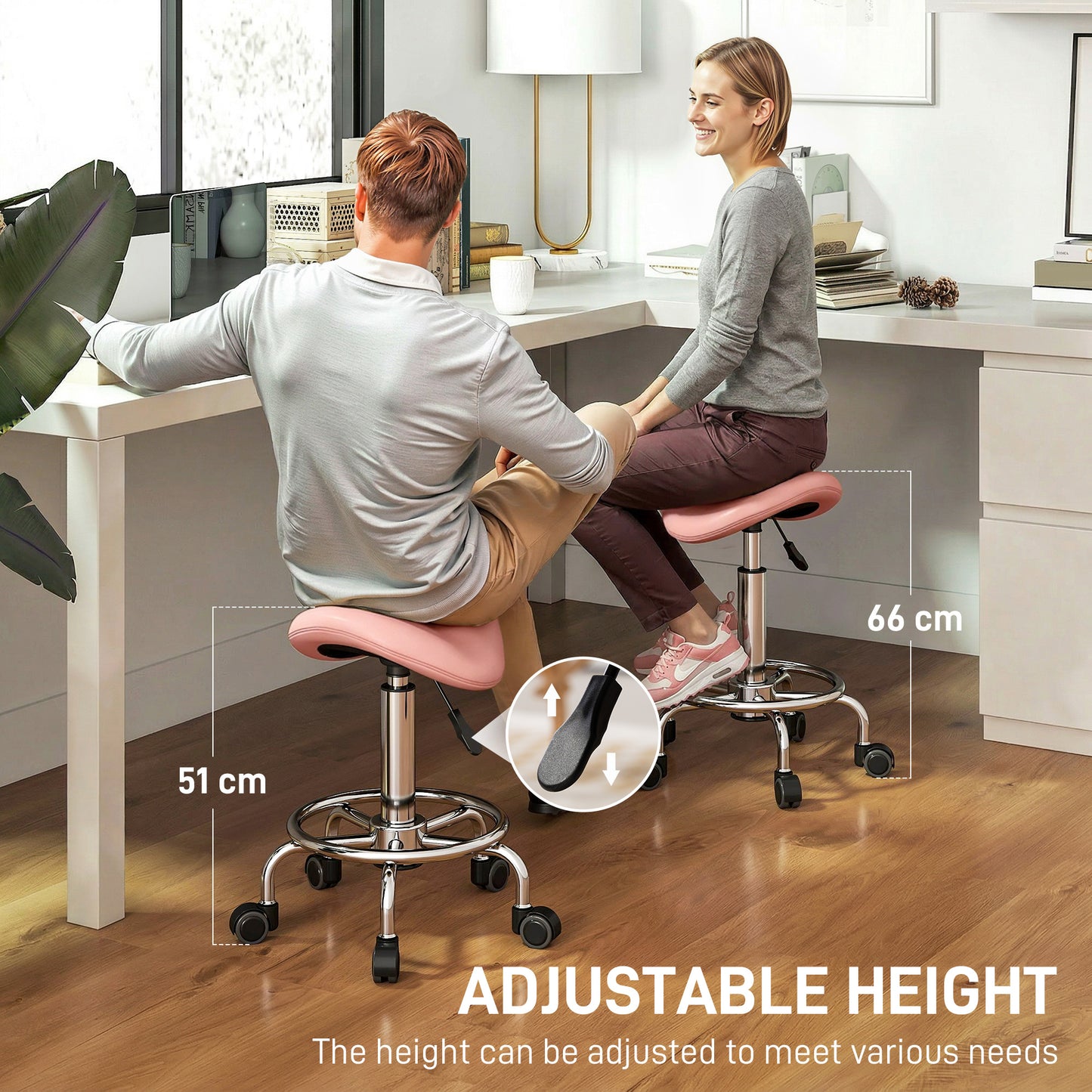 Salon Saddle Stool, Rolling Saddle Chair for Massage, Spa, Clinic, Beauty, Hairdressing and Tattoo, Pink