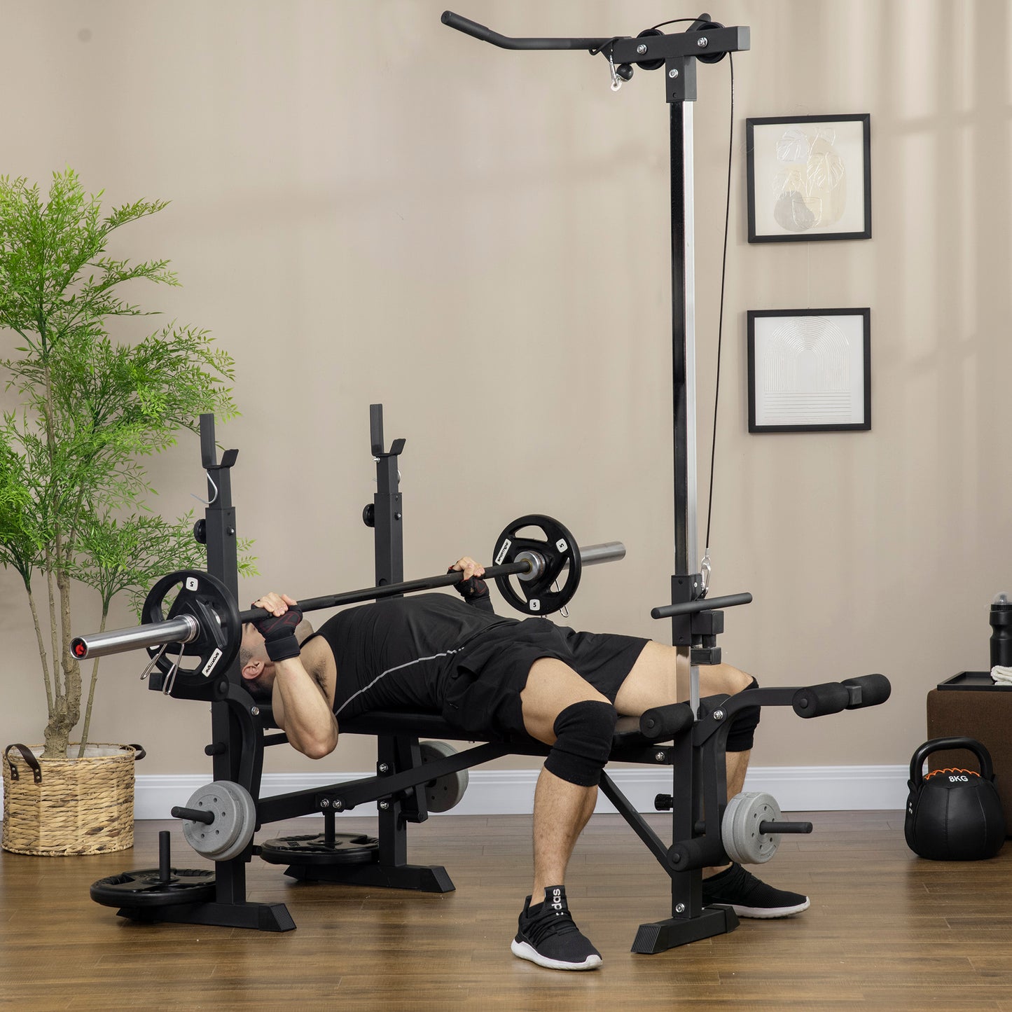 Adjustable Weight Bench with Pulley System, Incline Bench Press Set with Squat Rack, Leg Developer
