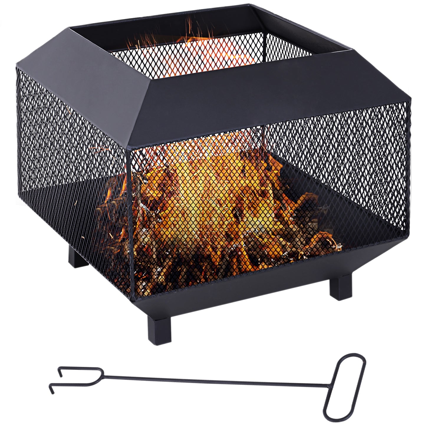 Metal Square Fire Pit Outdoor Mesh Firepit Brazier w/ Lid, Log Grate, Poker for Backyard, Camping, Bonfire