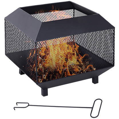Metal Square Fire Pit Outdoor Mesh Firepit Brazier w/ Lid, Log Grate, Poker for Backyard, Camping, Bonfire