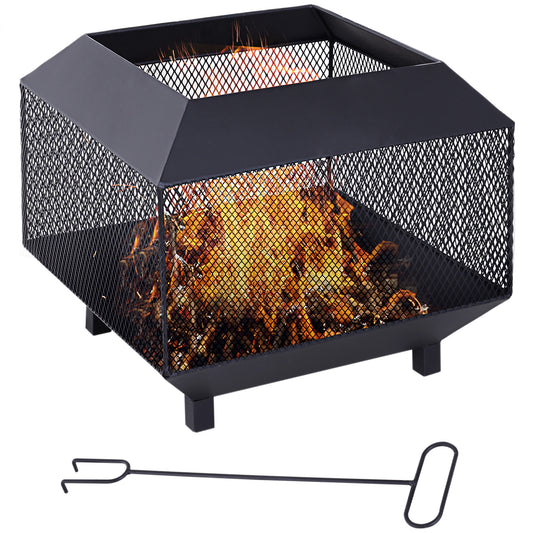 Metal Square Fire Pit Outdoor Mesh Firepit Brazier w/ Lid, Log Grate, Poker for Backyard, Camping, Bonfire