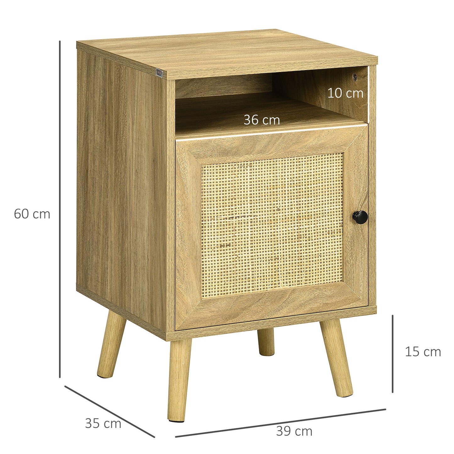 Bedside Table with Rattan Element, Side End Table with Shelf and Cupboard, 39cmx35cmx60cm, Natural